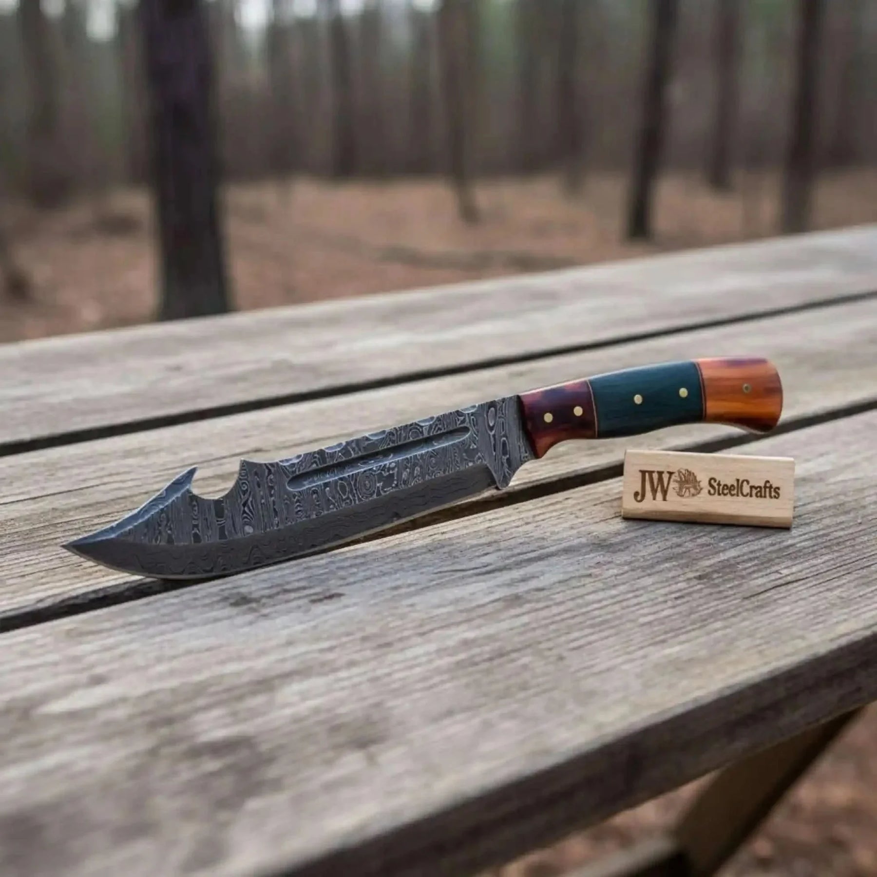 Handcrafted Damascus Harpoon Point Bowie Knife with Colored Bone Handle by JW SteelCrafts