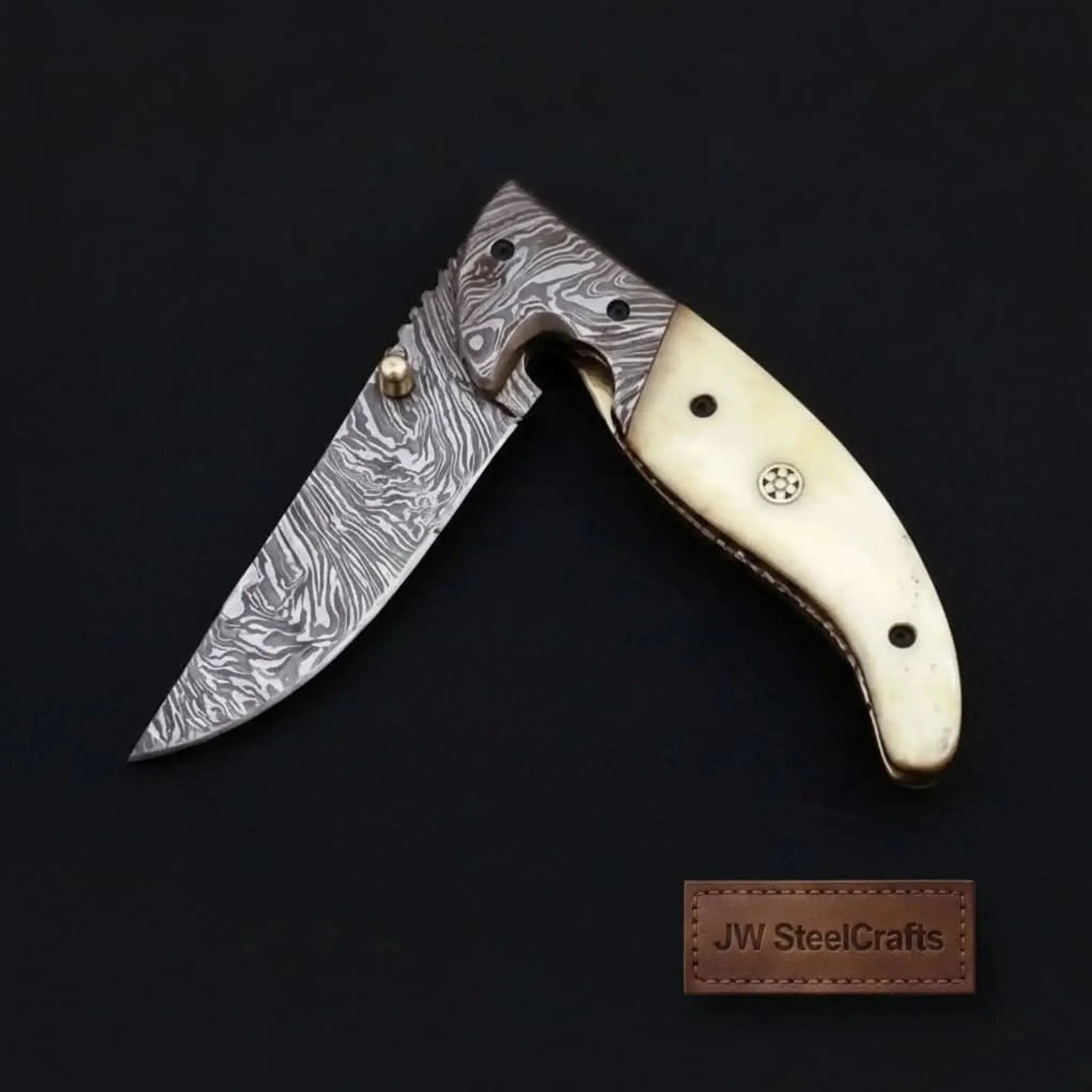 Frontrunner Camel Bone folding knife with Leather Sheath by JW SteelCrafts