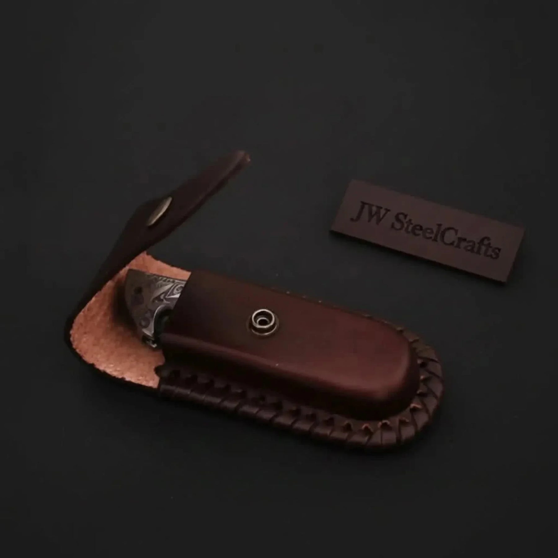 Frontrunner Camel Bone folding knife with Leather Sheath detail view by JW SteelCrafts