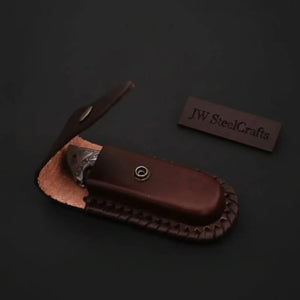 Frontrunner Camel Bone folding knife with Leather Sheath detail view by JW SteelCrafts