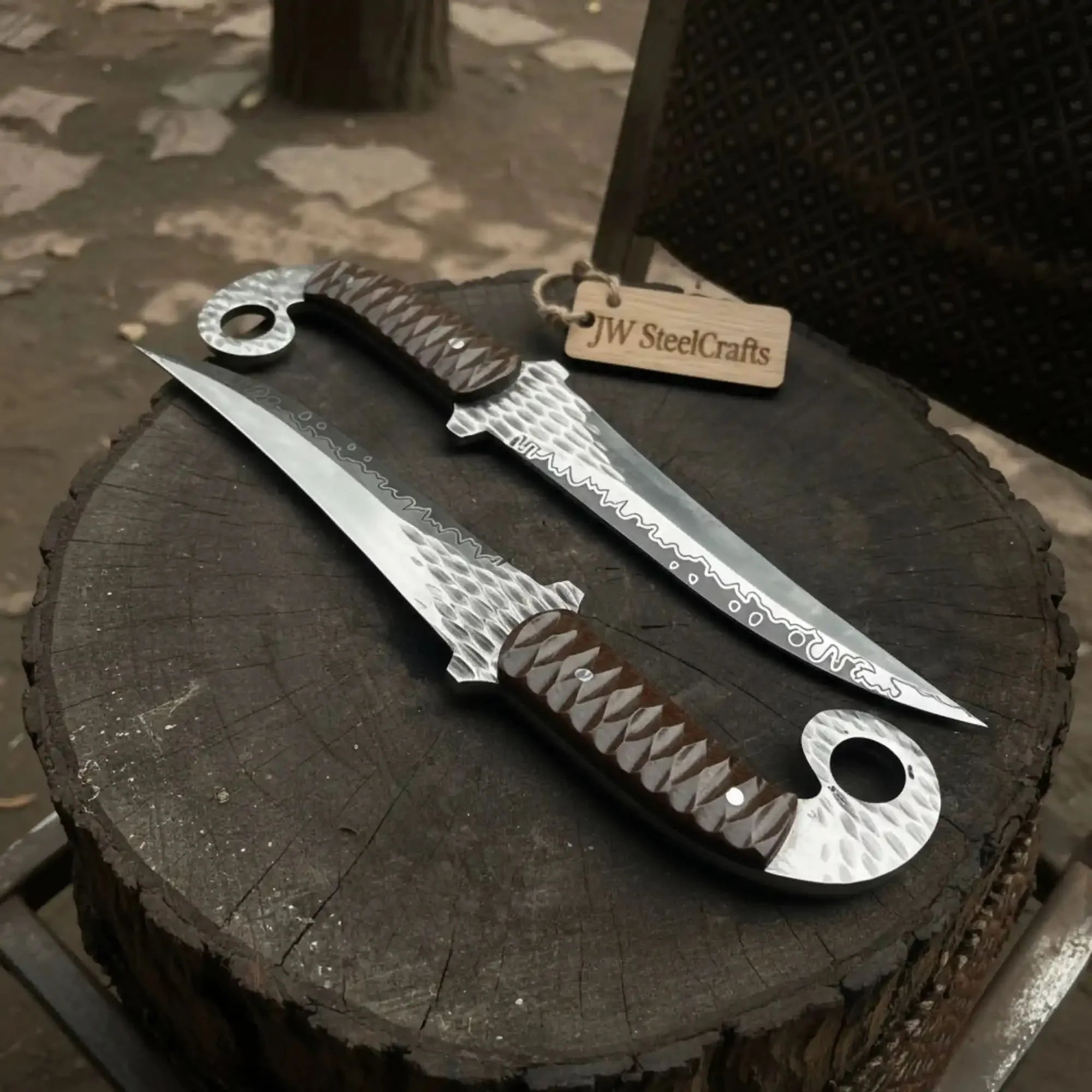 Handcrafted Persian Inspired Fixed Blade Knife Trailing Point Curved Blade with Finger Ring Tactical Utility Knife by JW SteelCrafts, Damascus knife main product photo