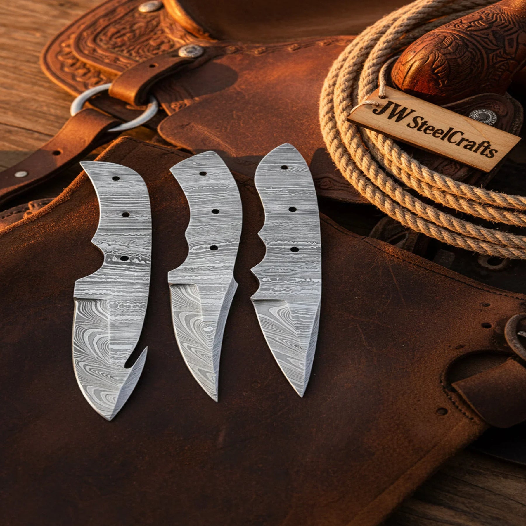 Handmade Damascus Steel Blank Blade Skinner Knife - Lot of 3/ For Knife Making detail view by JW SteelCrafts