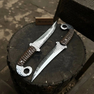 Handcrafted Persian Inspired Fixed Blade Knife Trailing Point Curved Blade with Finger Ring Tactical Utility Knife by JW SteelCrafts, Damascus knife detail photo 2