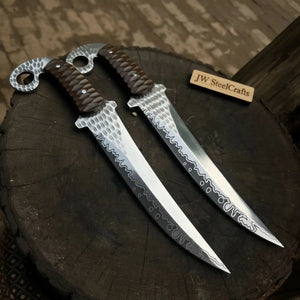 Handcrafted Persian Inspired Fixed Blade Knife Trailing Point Curved Blade with Finger Ring Tactical Utility Knife by JW SteelCrafts, Damascus knife detail photo 3