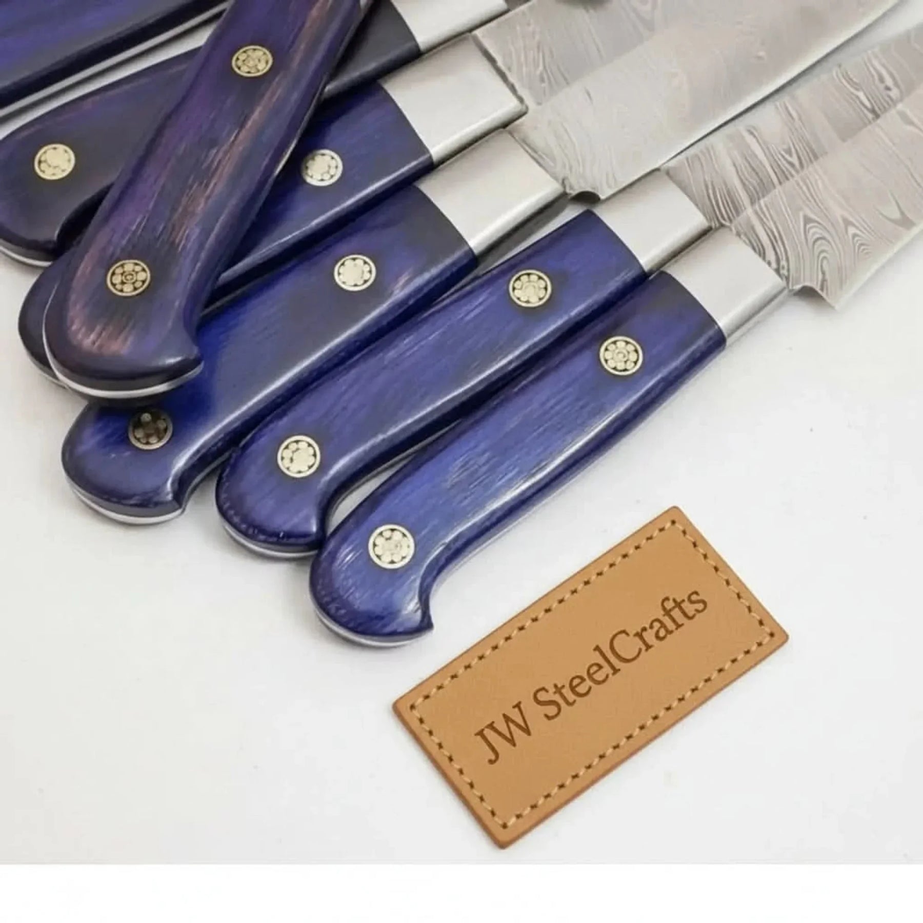 7-Piece Damascus Kitchen Knife Set — Chinese Cleaver, Bread, Chef, Santoku, Slicing, Utility & Paring detail view by JW