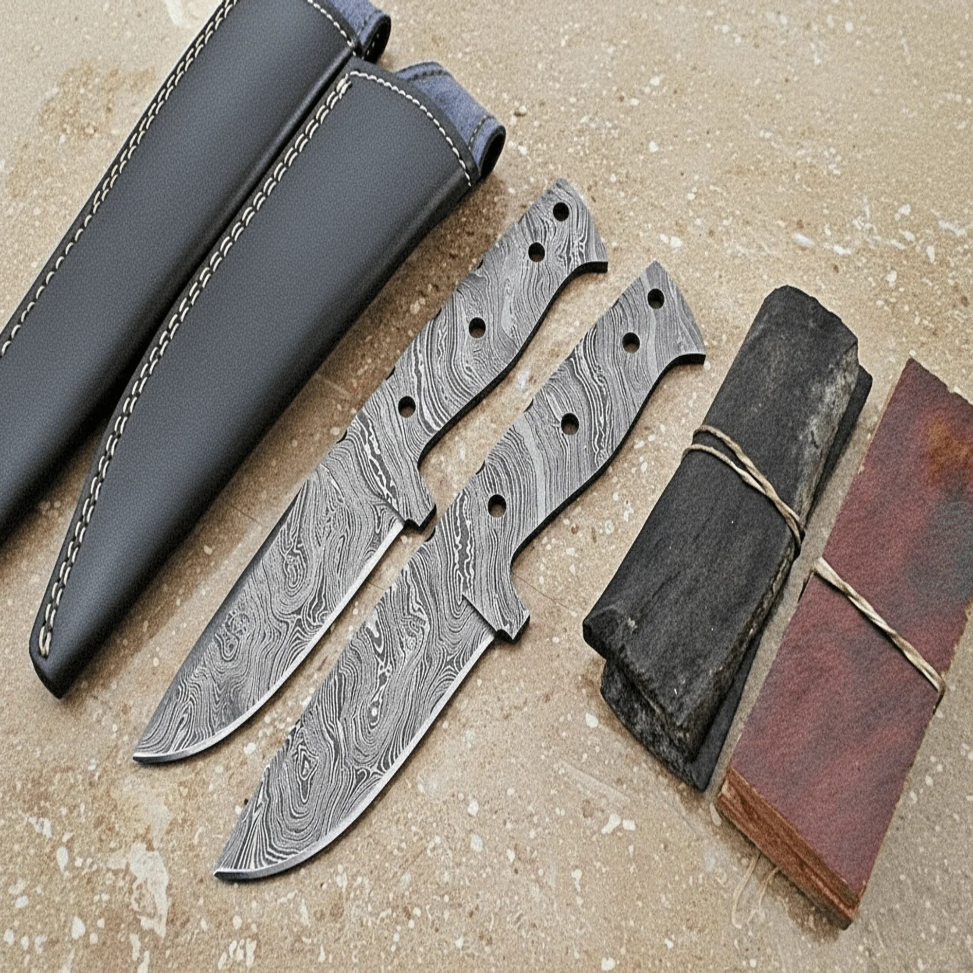 Damascus Skinner Knife Blank Set DIY Knife Making Kit with 2 Blade Blanks and Leather Sheaths by JW SteelCrafts