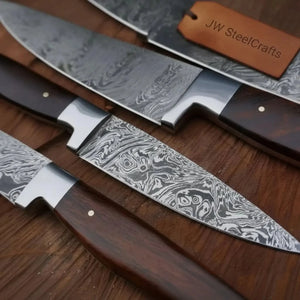4-Piece Damascus Knife Set Walnut Handle with Floral Pattern Blades detail view by JW SteelCrafts
