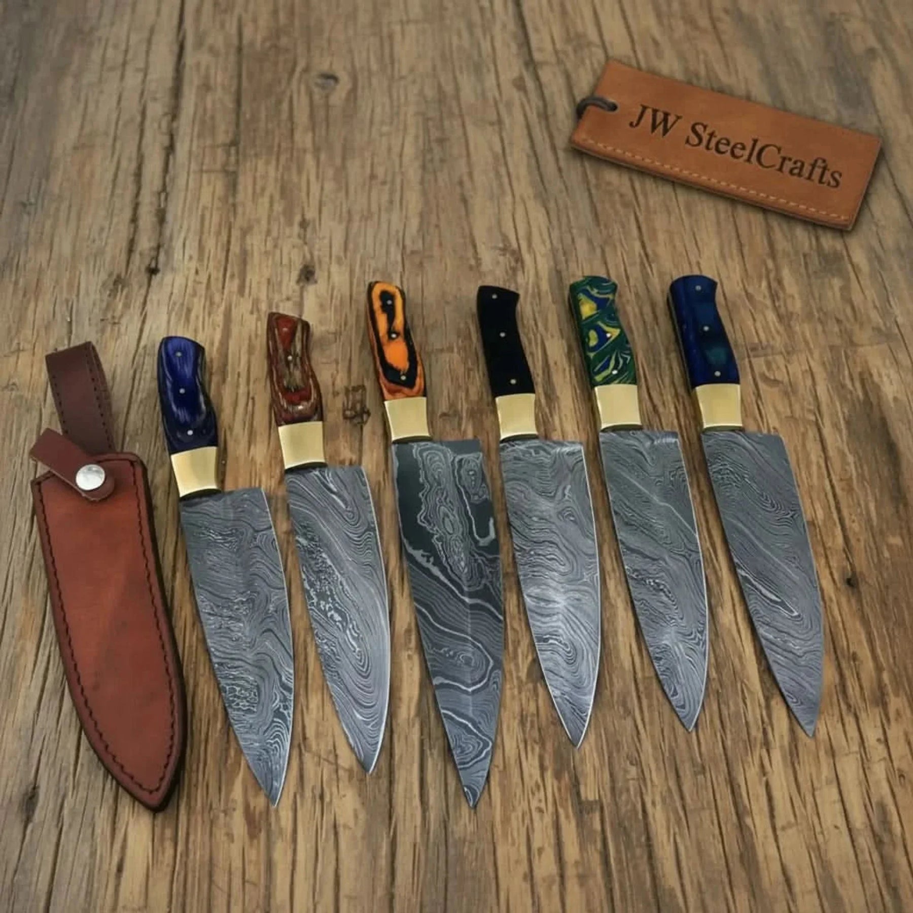 6-Piece Handmade Damascus Kitchen Knife Set – Mixed Resin Handles & Brass Bolsters | 13-Inch Blades | Leather Sheaths &