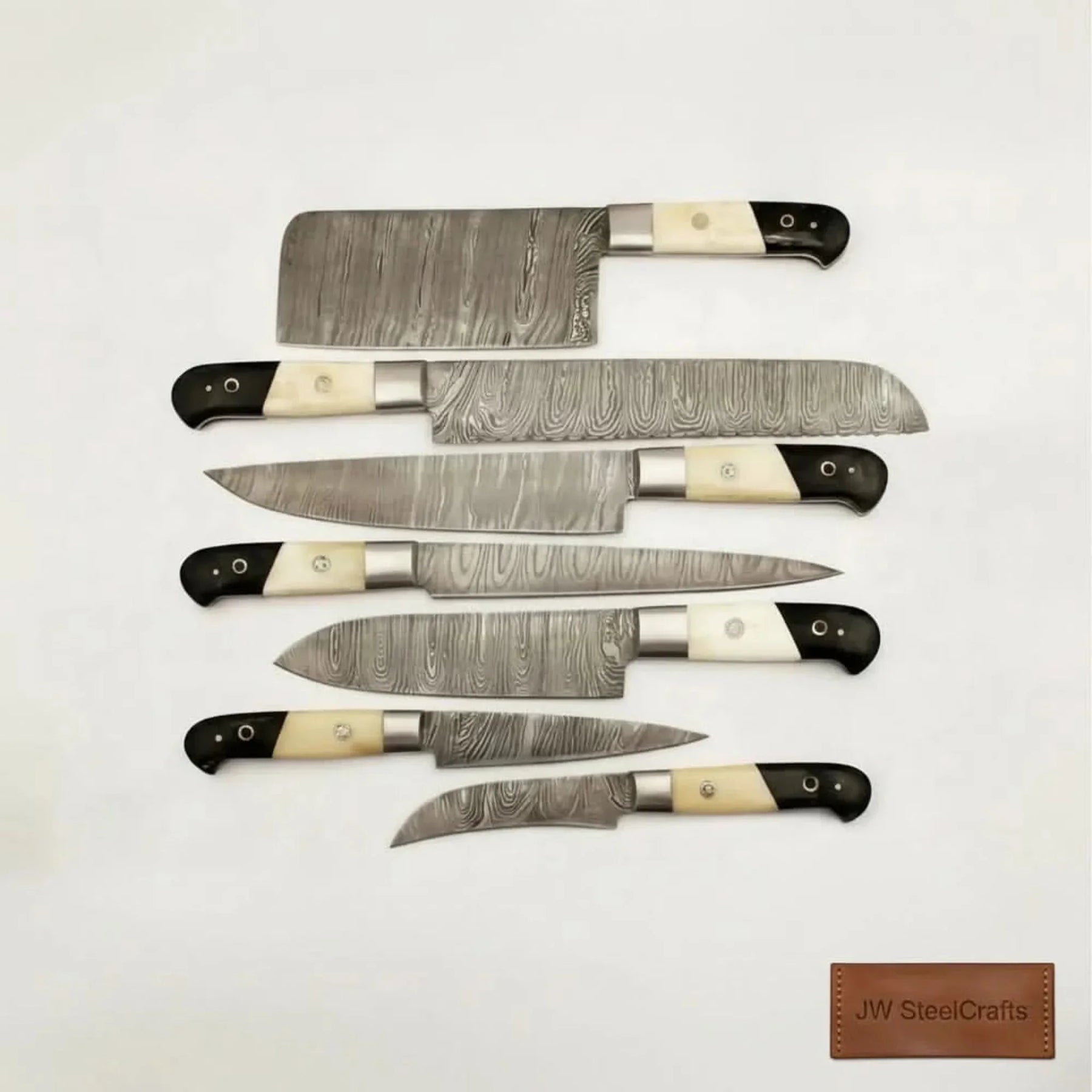 7-Piece Damascus Knife Set with White Bone and Black Resin Handles by JW SteelCrafts