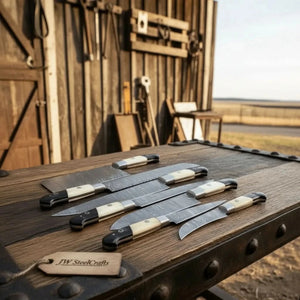 7-Piece Damascus Knife Set with White Bone and Black Resin Handles detail view by JW SteelCrafts