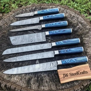 7-Piece Damascus Knife Set Blue Stabilized Wood with Wood Grain Blades by JW SteelCrafts