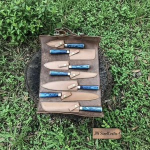 7-Piece Damascus Knife Set Blue Stabilized Wood with Wood Grain Blades detail view by JW SteelCrafts