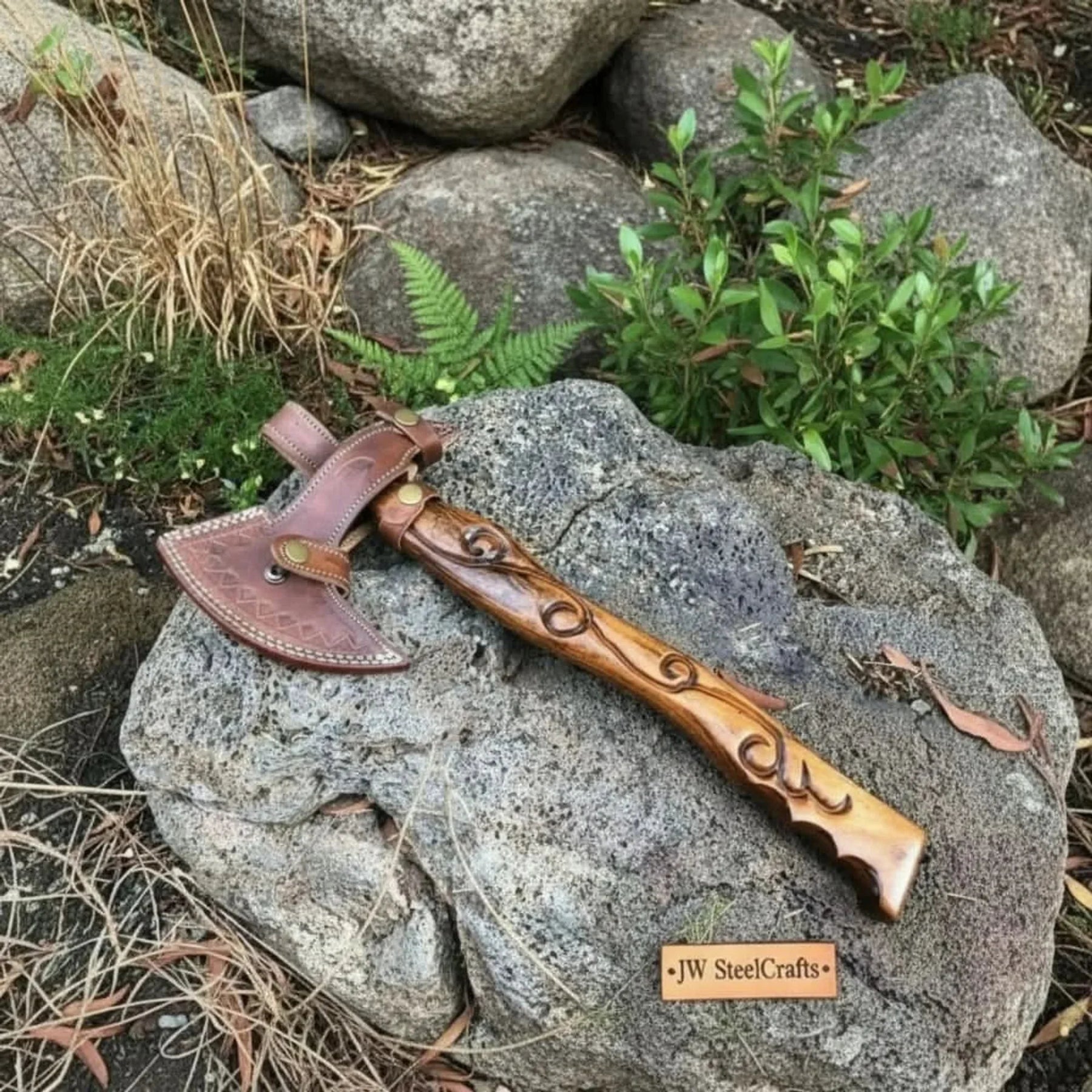Handmade Damascus Steel Viking Bearded Axe – Pattern Welded Blade with Carved Hardwood Handle | JW SteelCrafts detail view by