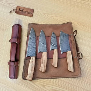 4 Piece Damascus Knife Set Olive Wood with Cleaver detail view by JW SteelCrafts