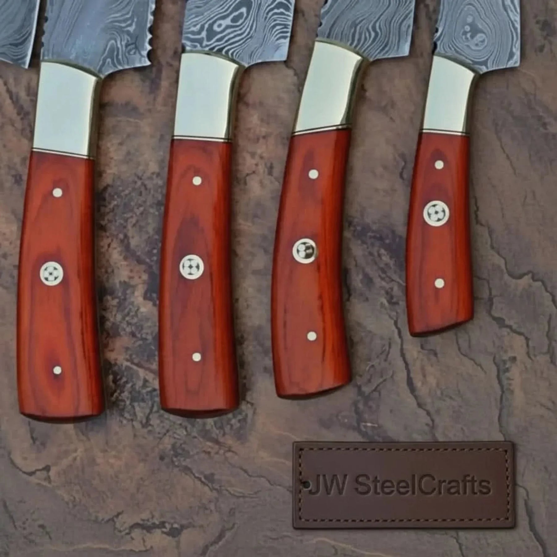 5 Piece Damascus Kitchen Knife Set with Rosewood Handles, Cleaver Bread Chef Utility and Paring Knives, Handmade Professional