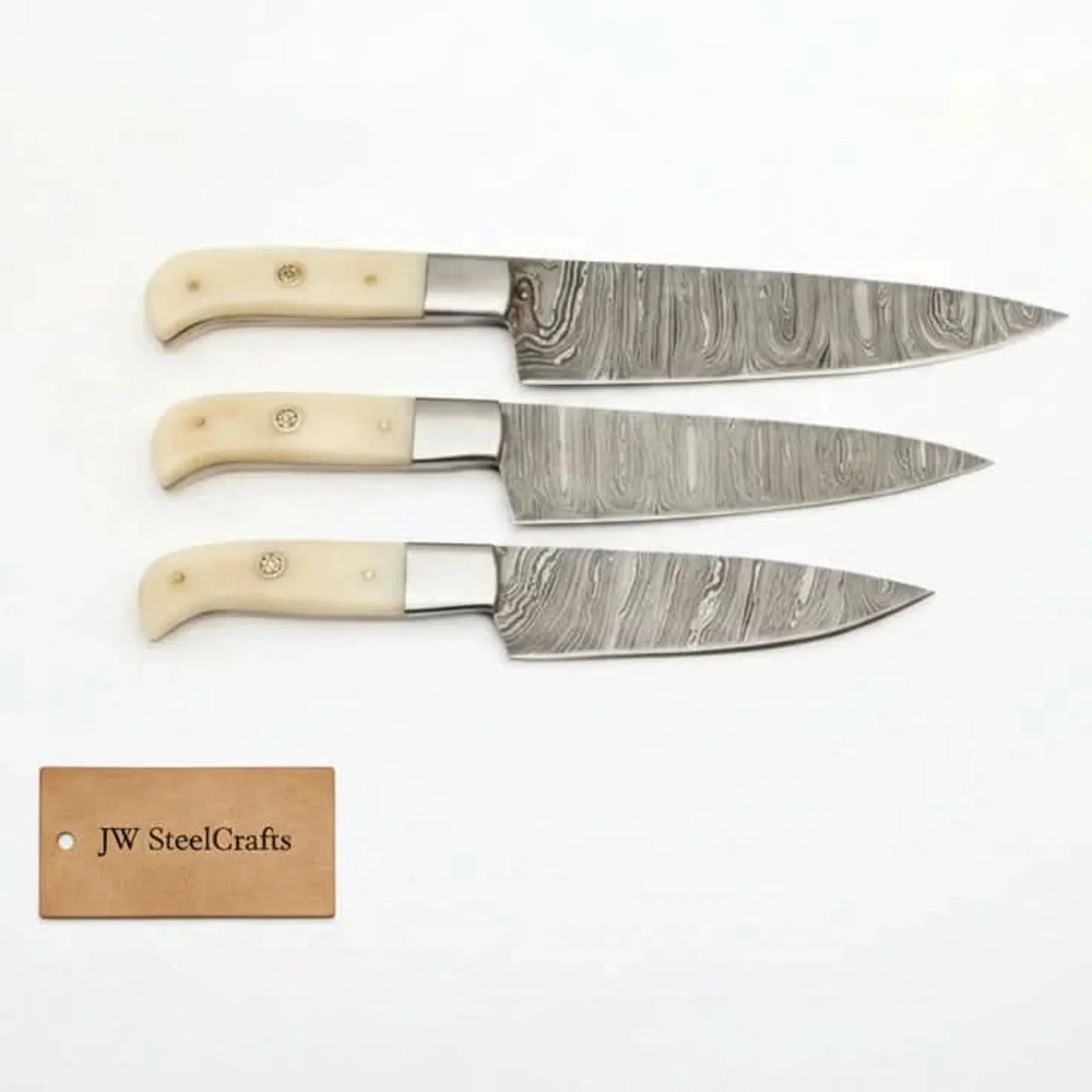 3-Piece Damascus Slicing Carving Knife Set with Bone Handle with Water Flow Blades by JW SteelCrafts