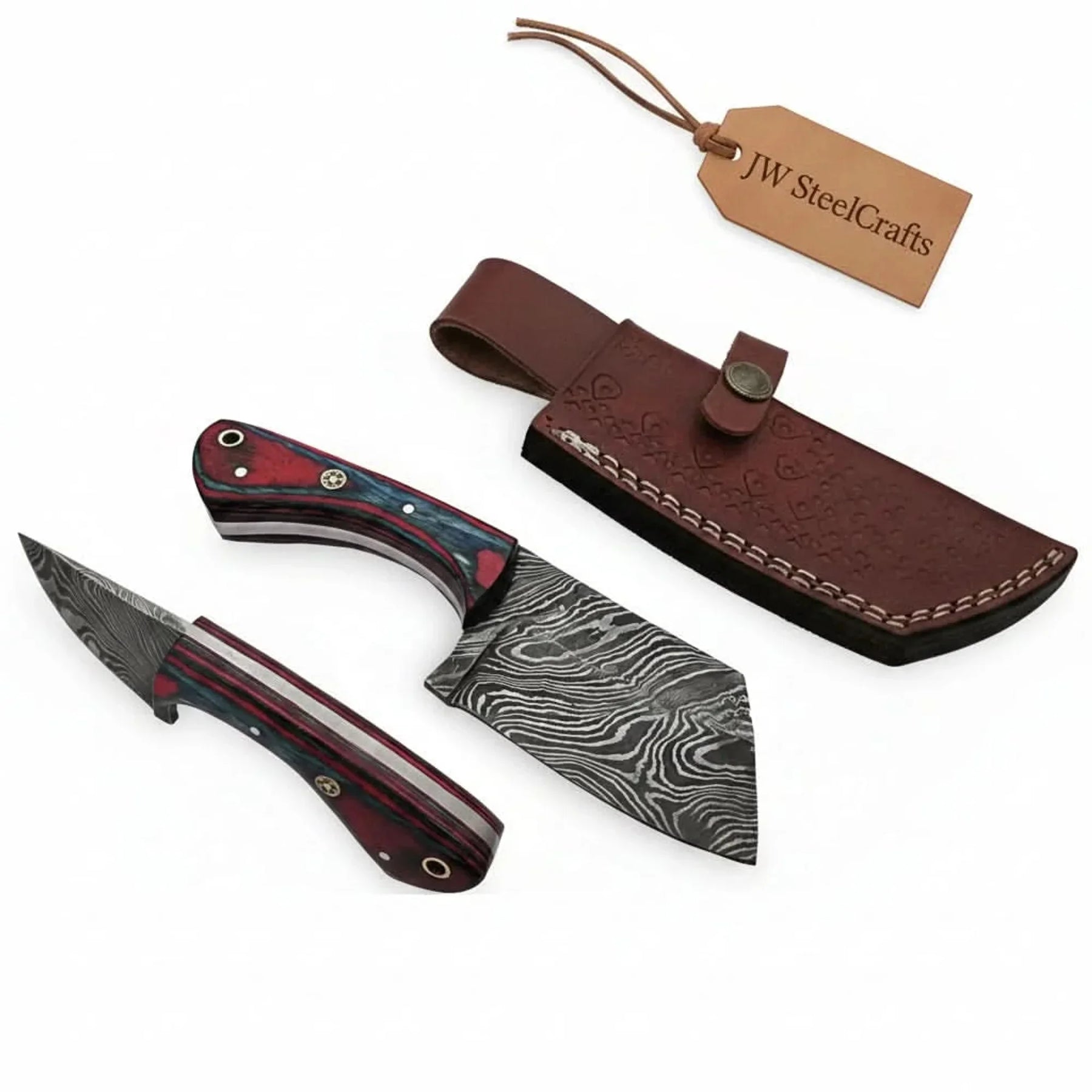 6-Inch Forged Damascus Cleaver Knife Red and Blue Pakka Wood Handle, Mosaic Pin, Lanyard Hole & Tooled Leather Sheath | JW