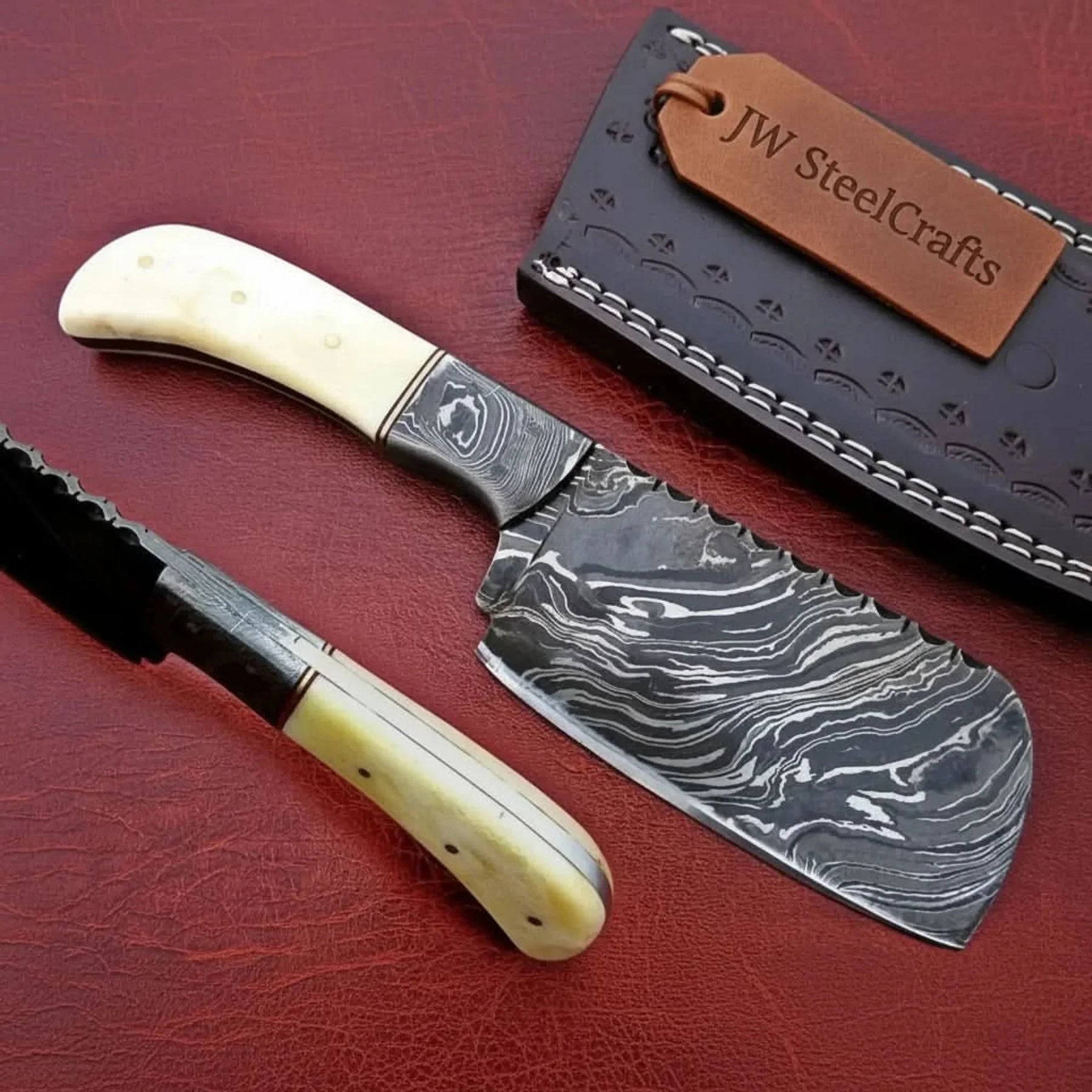 7-Inch Compact Damascus Mini Cleaver — Fire Pattern Blade, Camel Bone Handle, Steel Bolster & Leather Sheath | JW Steel