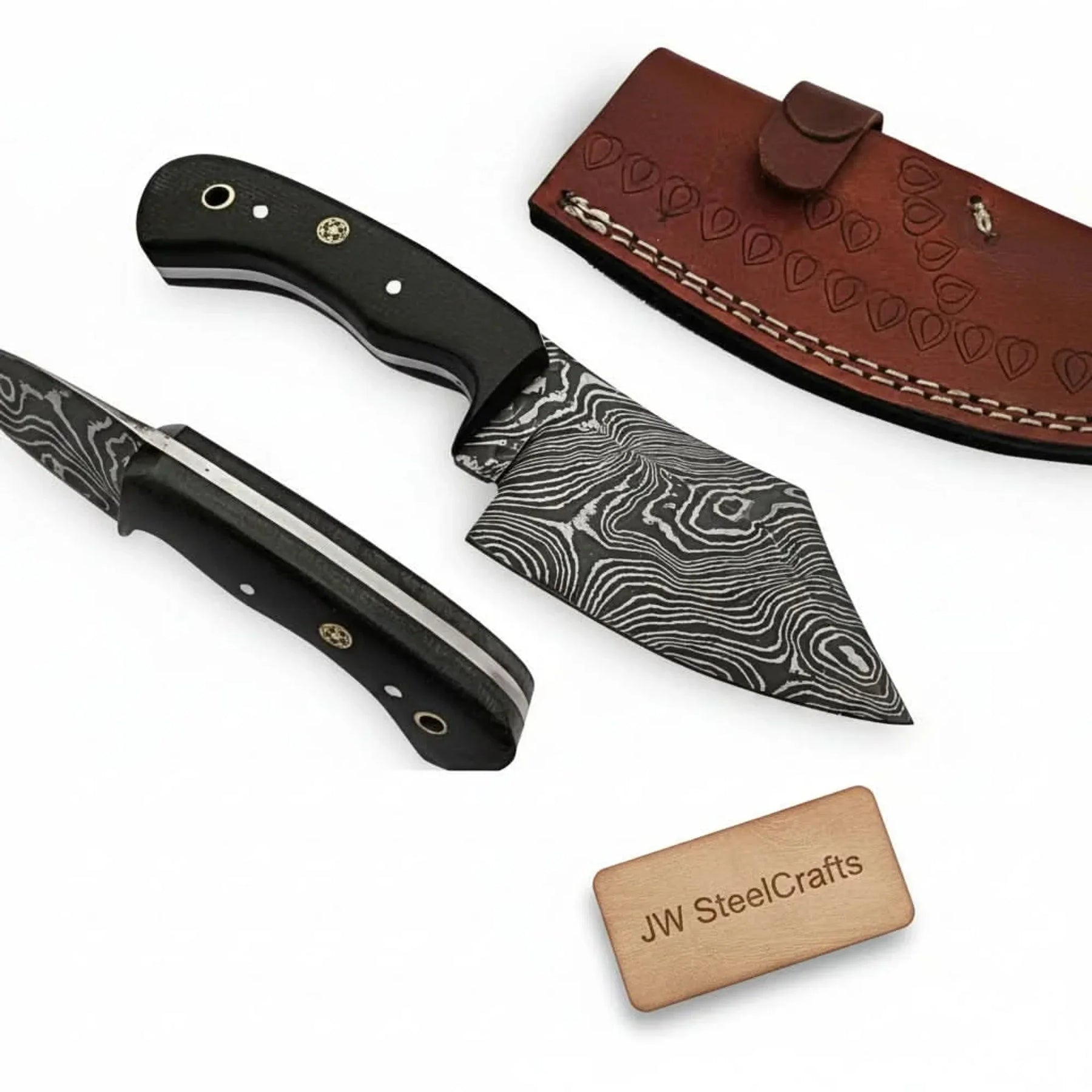Handmade Damascus Skinner Knife Full Tang Twisted Pattern Blade Black Micarta Handle With Leather Sheath by JW SteelCrafts
