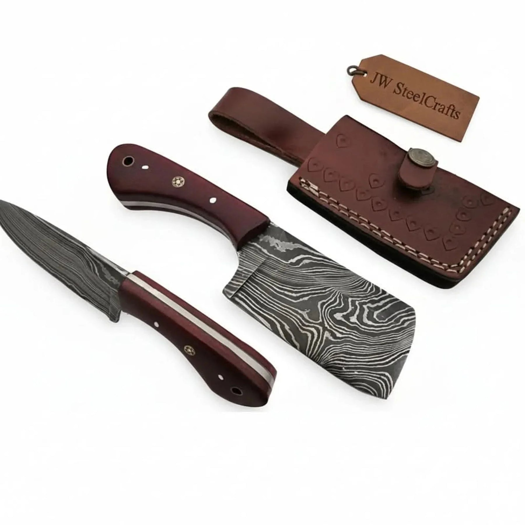 6-Inch Compact Damascus Mini Cleaver — Twisted Pattern Blade, Red Micarta Handle, Mosaic Pin & Tooled Leather Sheath | JW