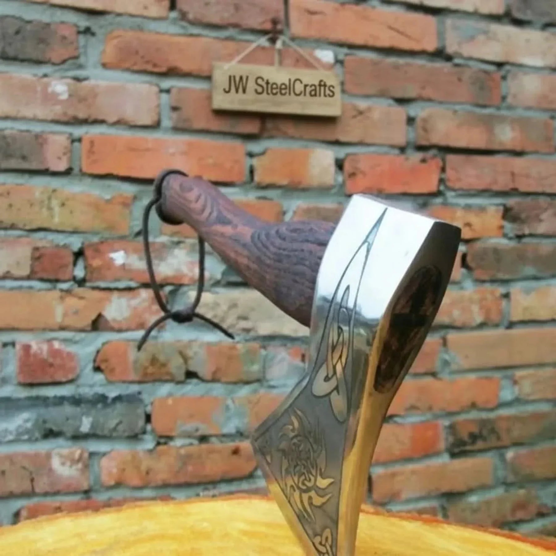 Norse Style Camp Hatchet with Leather Wrapped Handle detail view by JW SteelCrafts