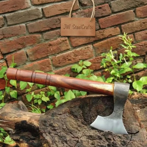 Traditional Bearded Camp Hatchet with Forge Finished Head detail view by JW SteelCrafts