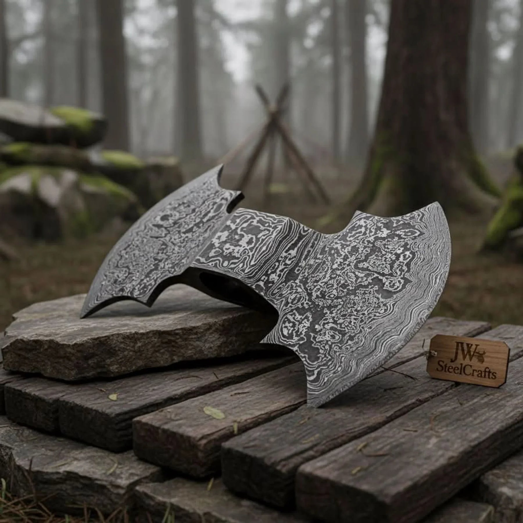 Damascus Double-Bit Axe Head – Fantasy Crescent Pattern by JW SteelCrafts