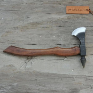 Hand-Forged Bearded Spike Poll Bushcraft Axe with Hardwood Handle detail view by JW SteelCrafts