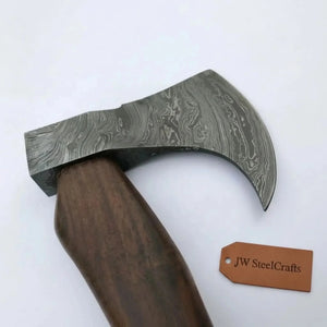 Hand-Forged Damascus Bearded Bushcraft Hatchet with Curved Hardwood Handle detail view by JW SteelCrafts