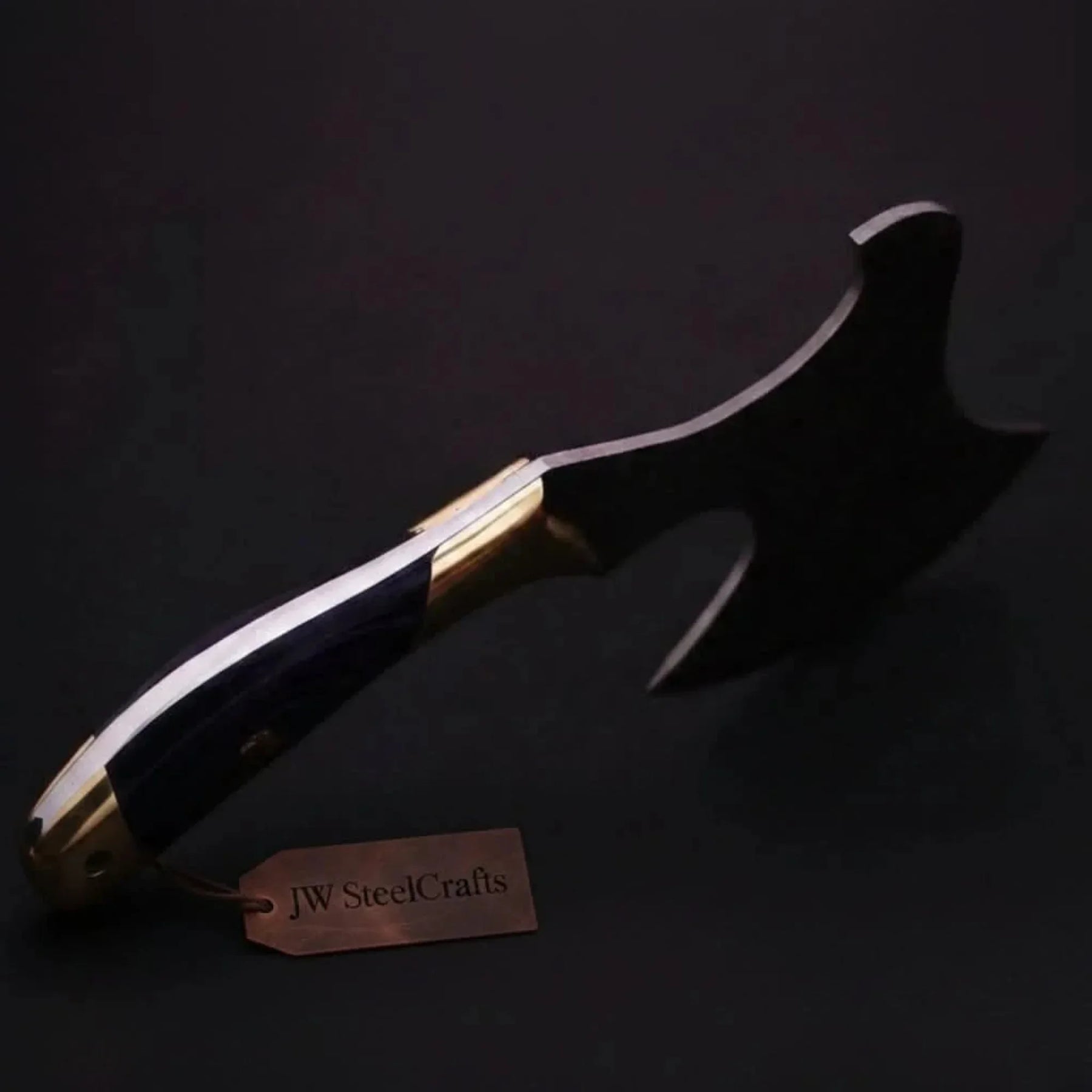Hand Forged Damascus Pizza Slicer Axe with Raindrop Forged Blade detail view by JW SteelCrafts