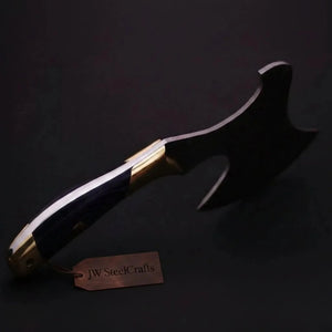 Hand Forged Damascus Pizza Slicer Axe with Raindrop Forged Blade detail view by JW SteelCrafts