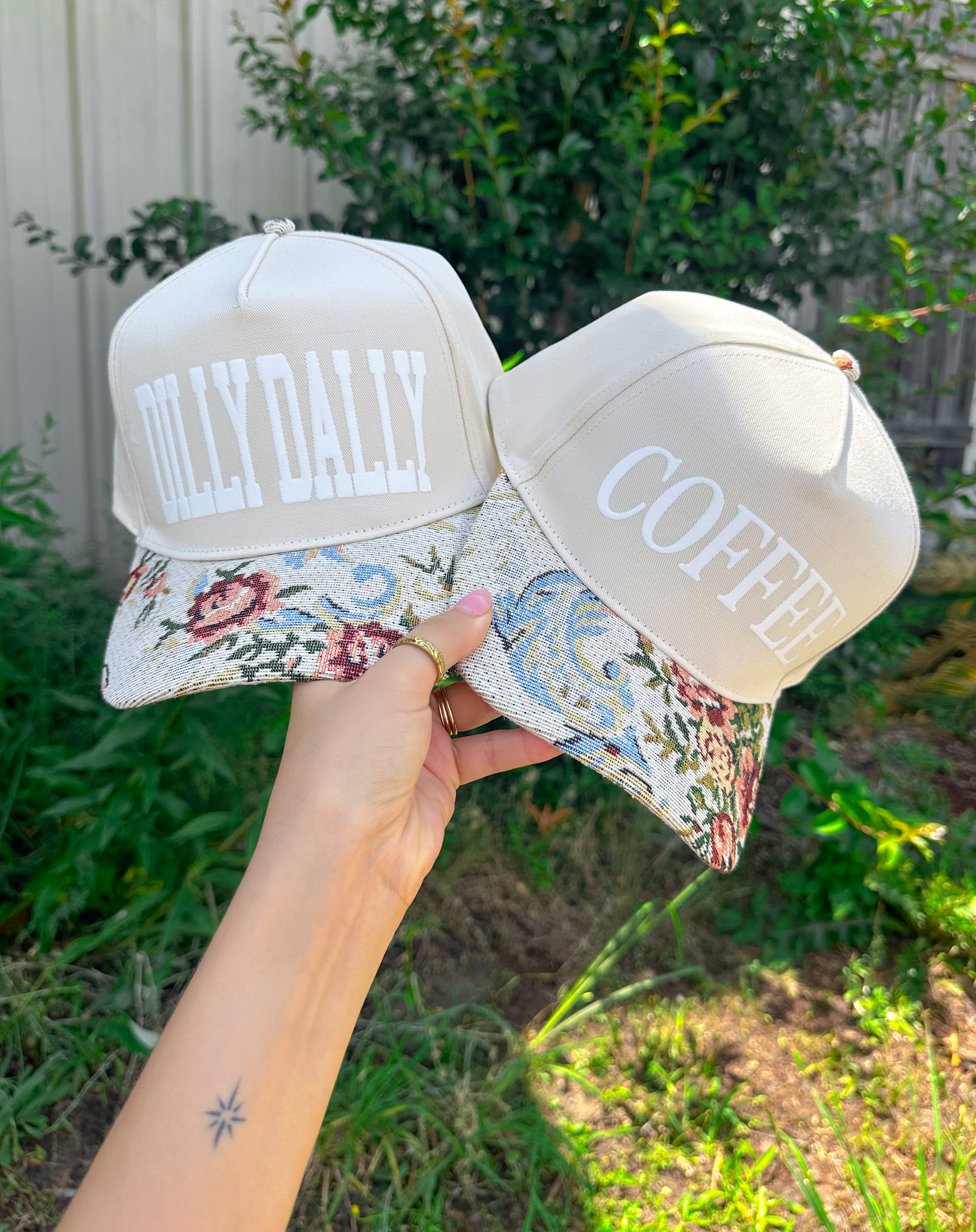 Dilly Dally Tan/Light Vintage Floral Canvas Trucker Hat detail view by Southern Bliss Company