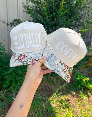 Dilly Dally Tan/Light Vintage Floral Canvas Trucker Hat detail view by Southern Bliss Company