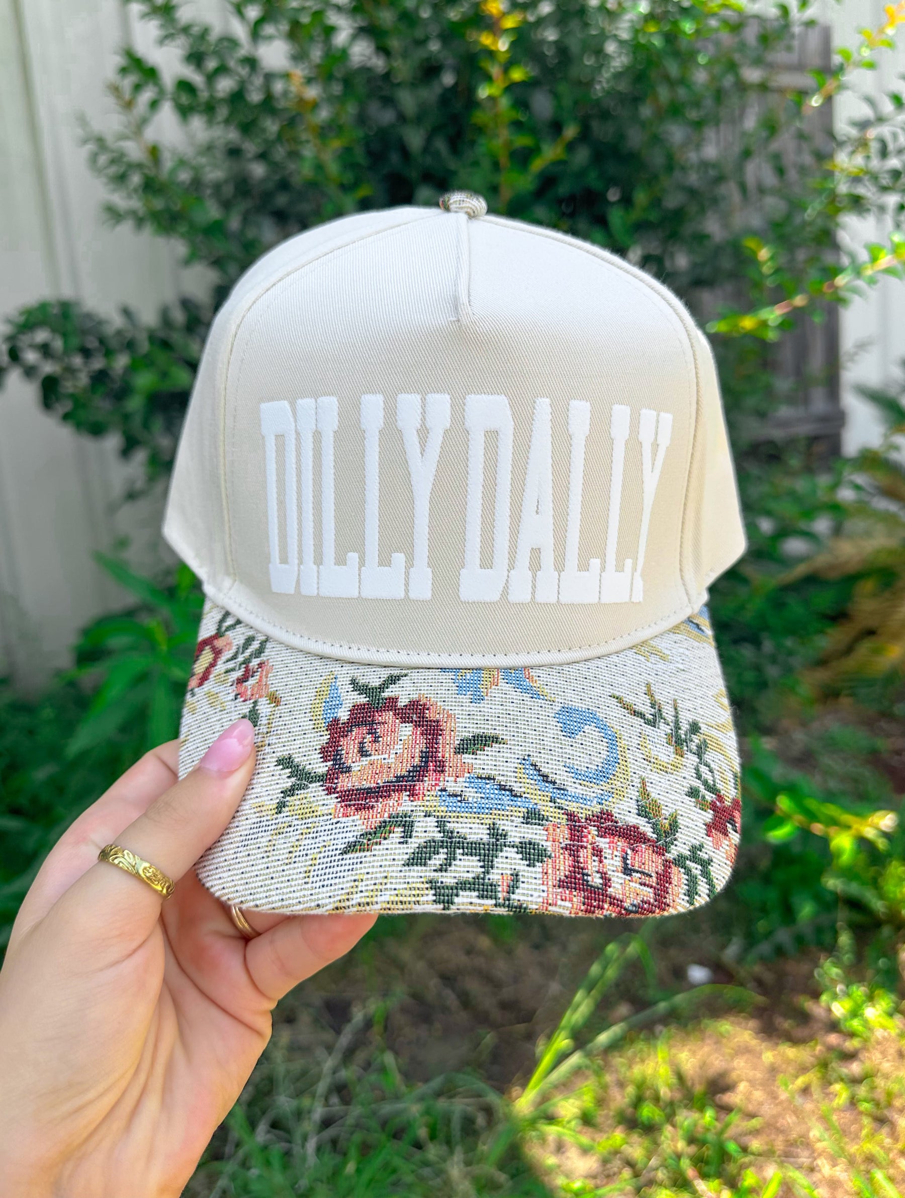 Dilly Dally Tan/Light Vintage Floral Canvas Trucker Hat by Southern Bliss Company