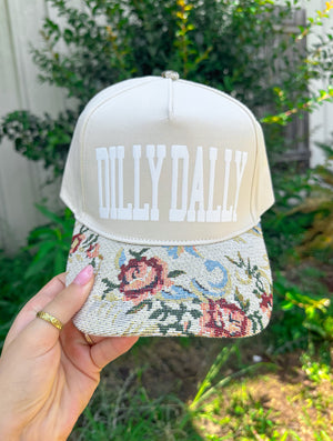 Dilly Dally Tan/Light Vintage Floral Canvas Trucker Hat by Southern Bliss Company