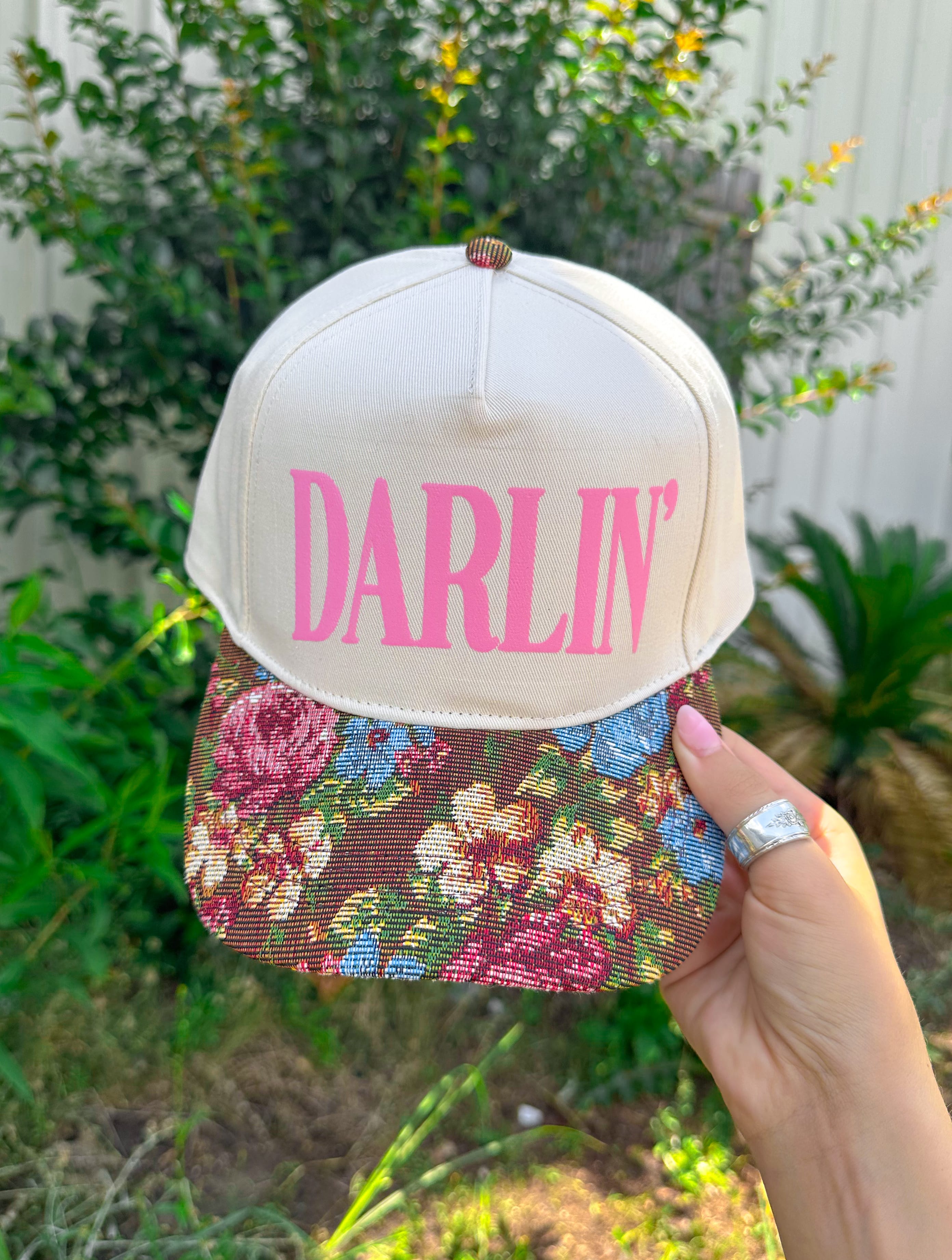 Darlin’ (pink font) Vintage Brown Floral Canvas Trucker Hat by Southern Bliss Company