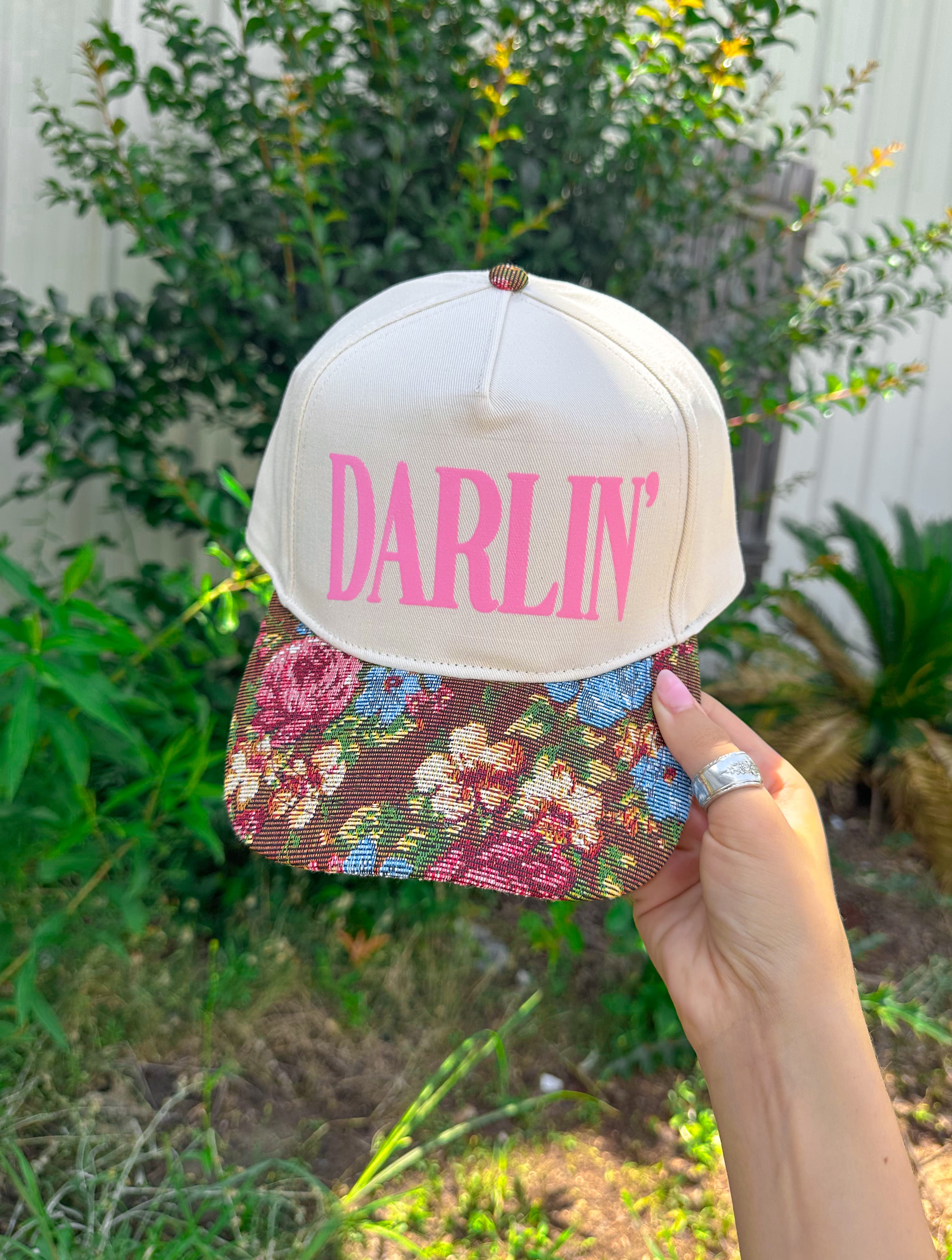 Darlin’ (pink font) Vintage Brown Floral Canvas Trucker Hat detail view by Southern Bliss Company