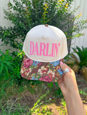 Darlin’ (pink font) Vintage Brown Floral Canvas Trucker Hat detail view by Southern Bliss Company