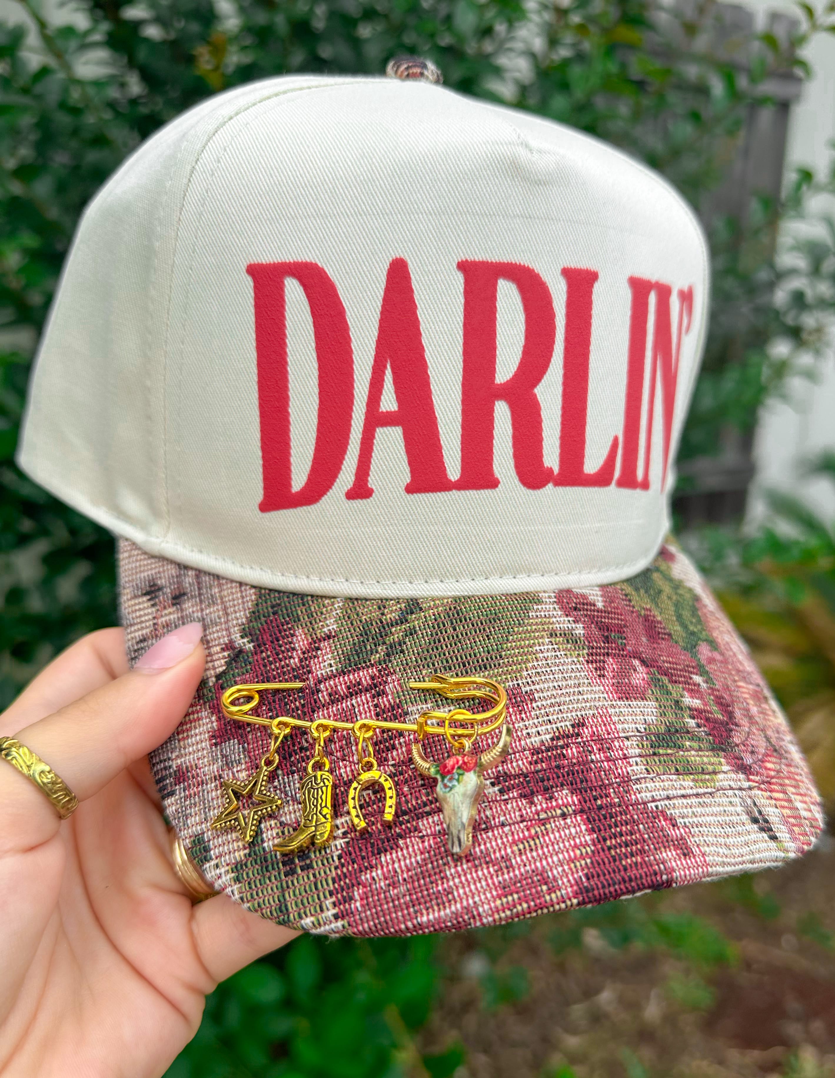 Darlin’ Red Vintage Floral Canvas Trucker Hat detail view by Southern Bliss Company