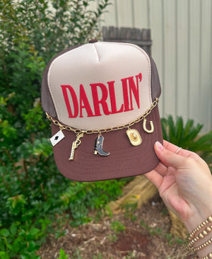 Darlin' (red font) Tan/ Brown Trucker Hat by Southern Bliss Company
