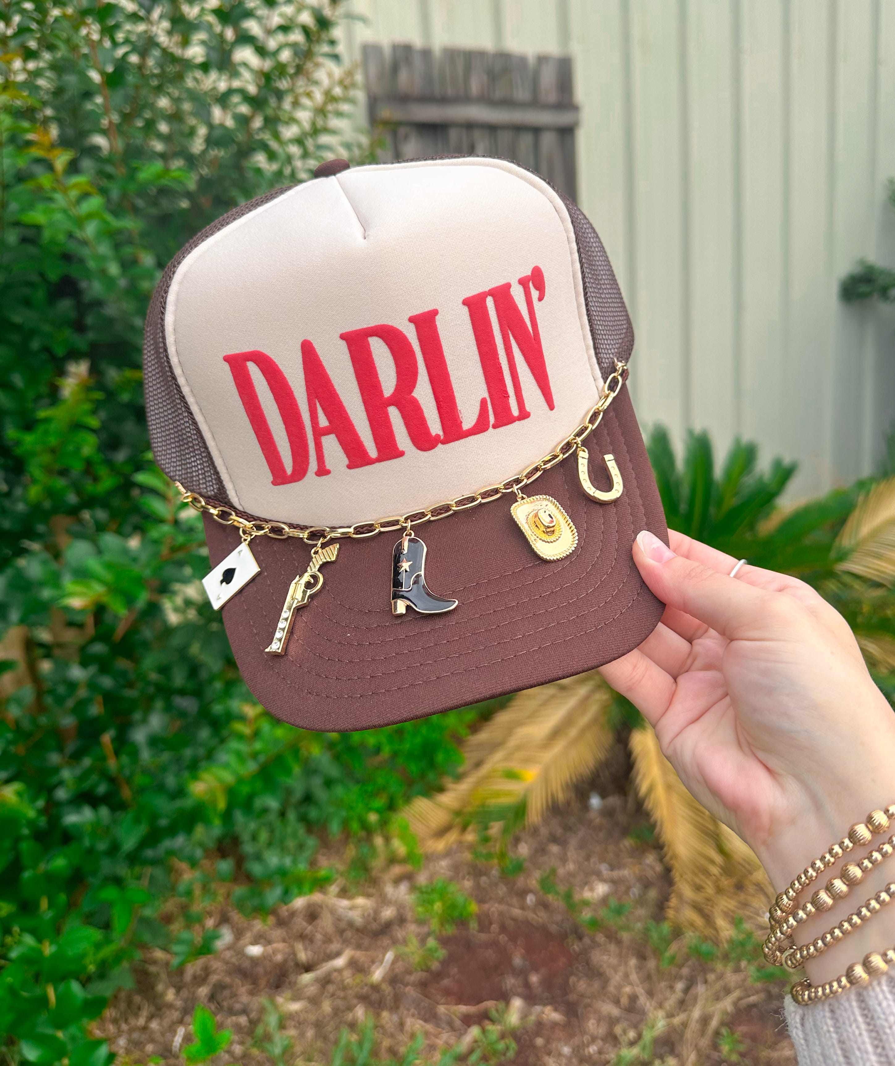 Darlin' (red font) Tan/ Brown Trucker Hat detail view by Southern Bliss Company