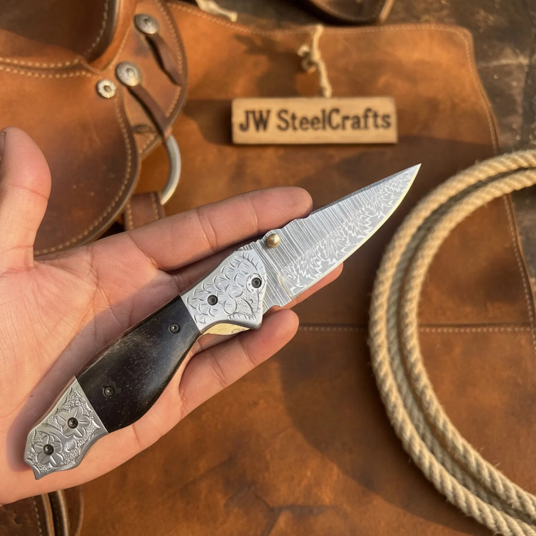 Blackwaist Damascus Folder Knife by JW SteelCrafts