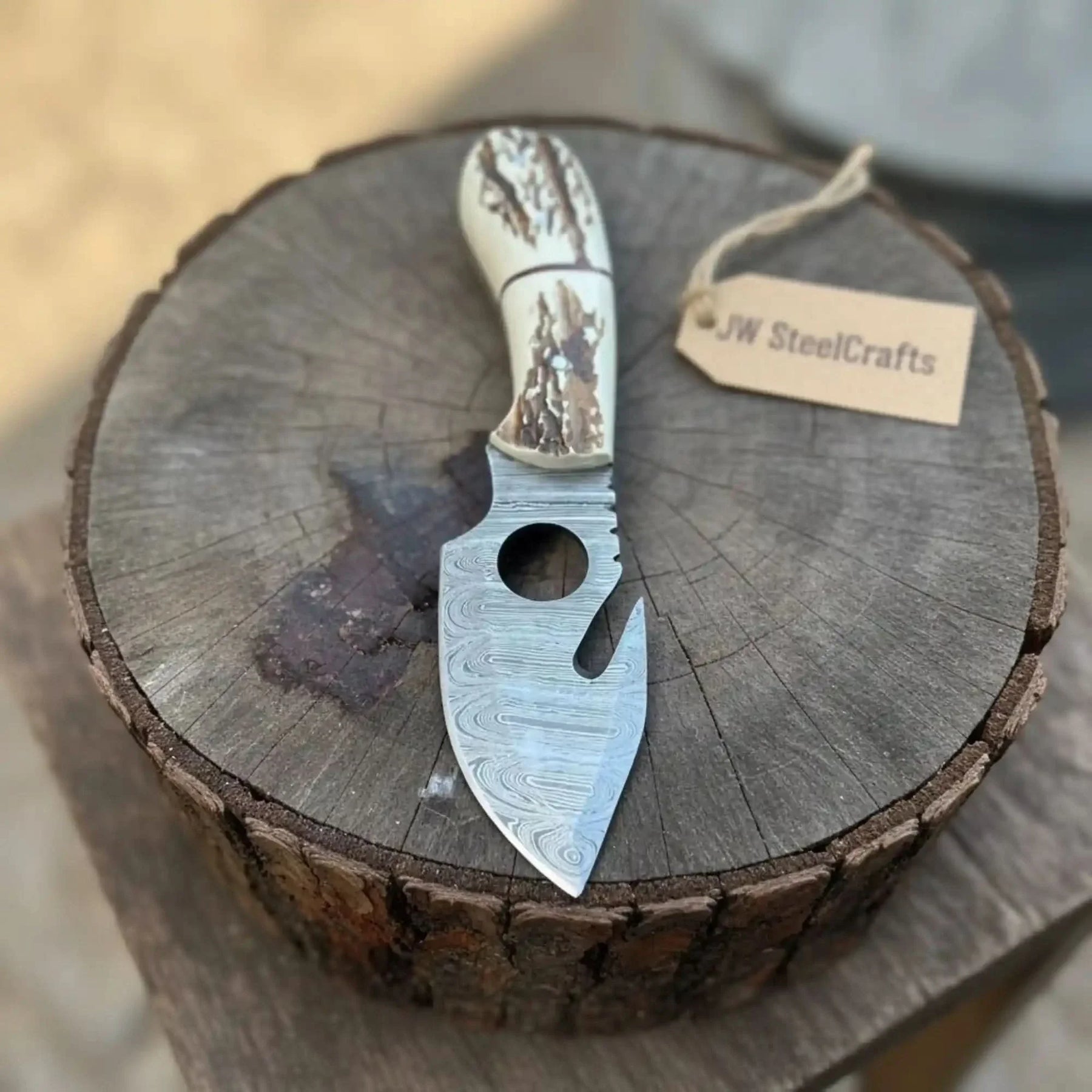 Handmade Damascus Gut Hook Skinner Hunting Knife Fixed Blade Synthetic Stag Handle with Thumb Hole by JW SteelCrafts, Damascus knife detail photo 3