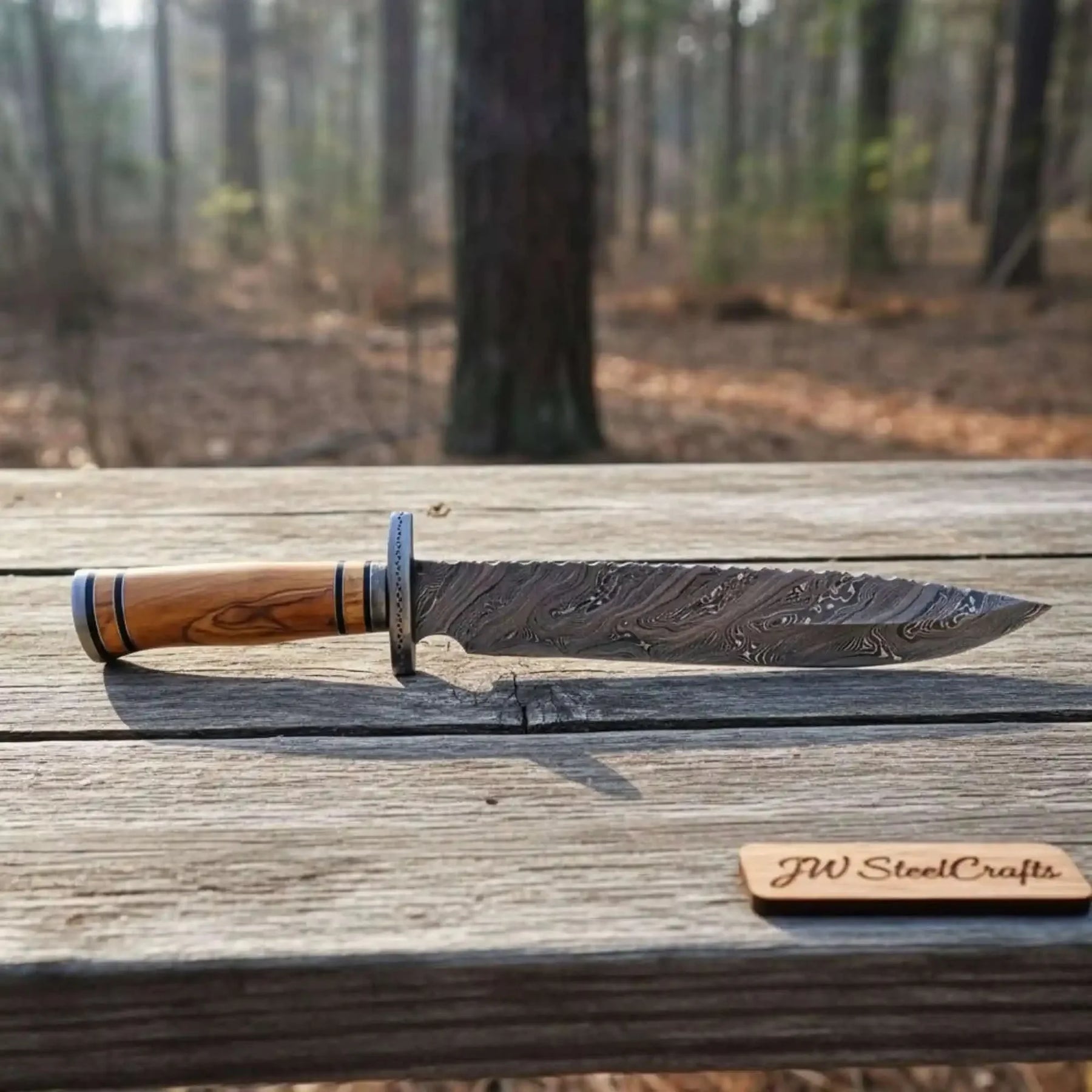 Frontier Damascus Clip Point Bowie Knife with Ash Wood Handle | JW SteelCrafts by JW SteelCrafts