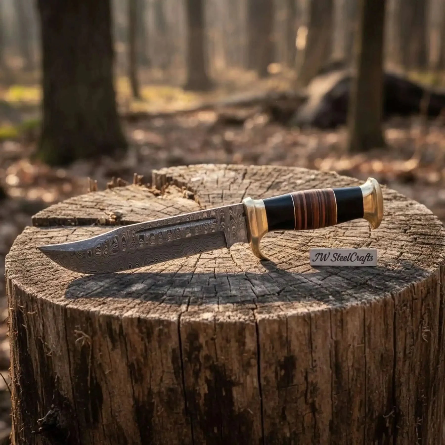 Hammer Forged Damascus Clip Point Bowie Knife with Resin & Stacked Leather Handle by JW SteelCrafts