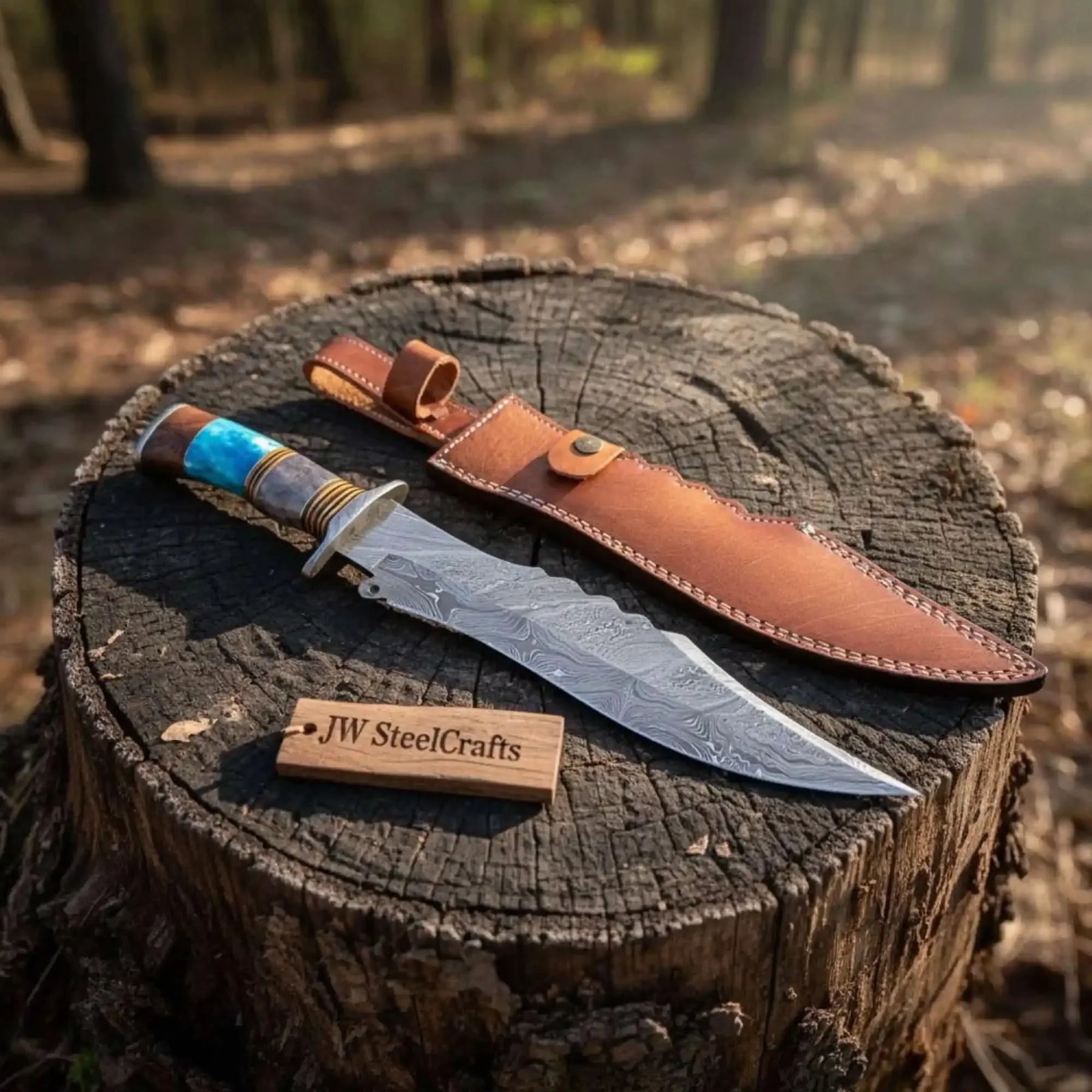 Handmade Damascus Clip Point Bowie Knife Stacked Bone and Wood Handle Fixed Blade JW SteelCrafts by JW SteelCrafts