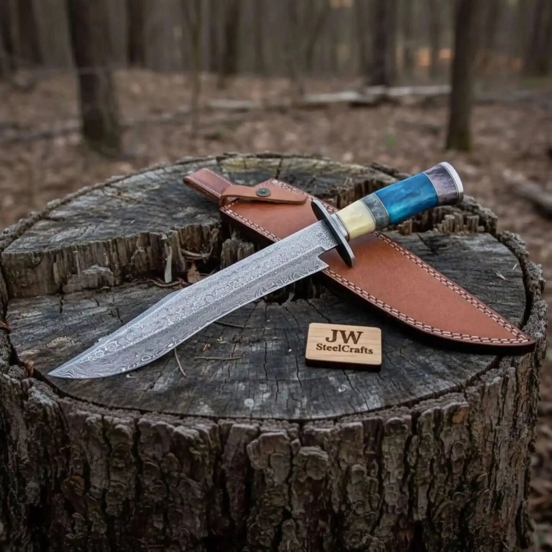 Long California Clip Point Bowie Knife in Forged Damascus Steel by JW SteelCrafts
