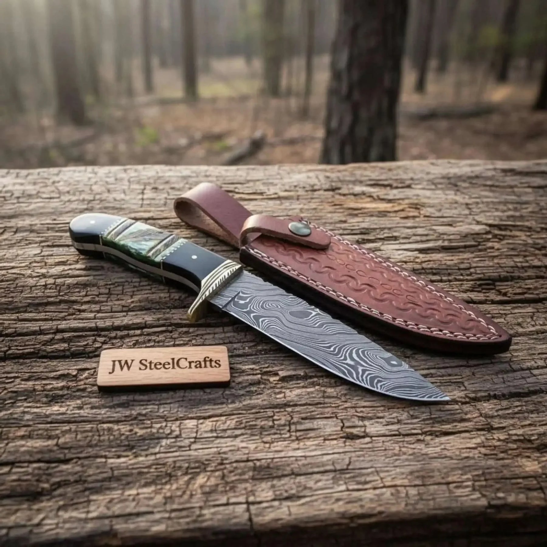 Compact Damascus Clip Point Bowie Knife with Green Bone Handle by JW SteelCrafts