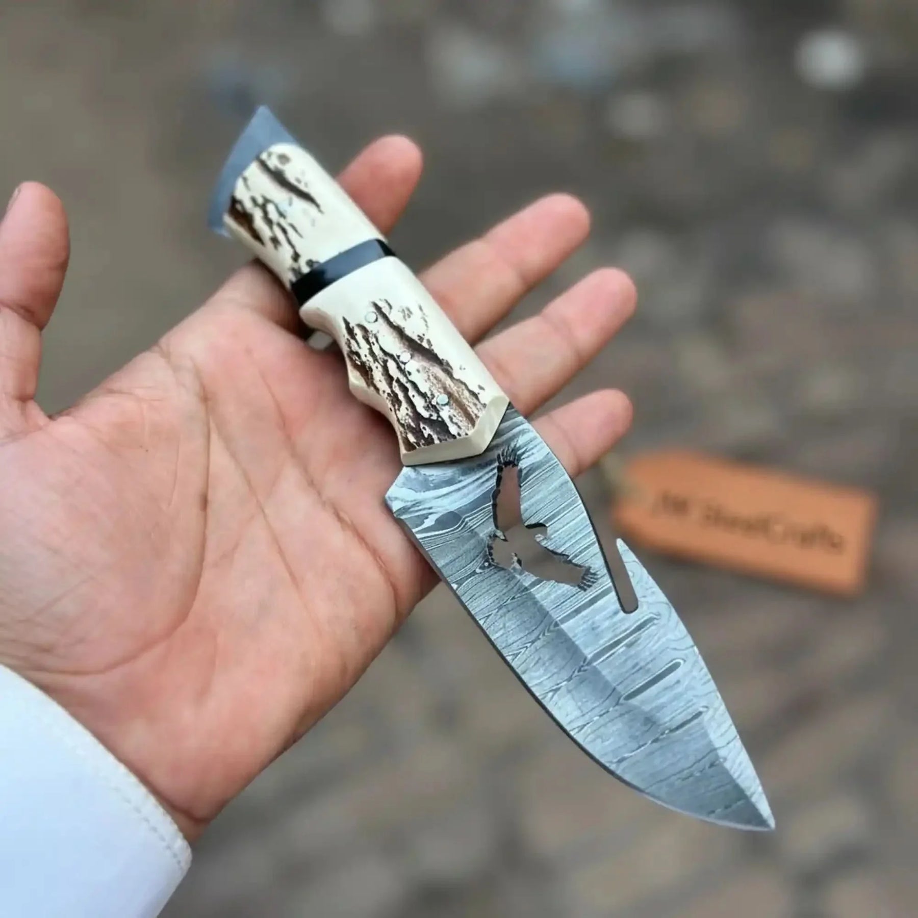 Handmade Damascus Gut Hook Hunting Knife Fixed Blade Synthetic Stag Handle with Eagle Engraving by JW SteelCrafts, Damascus knife detail photo 3