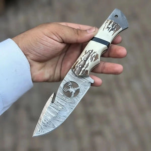 Damascus Gut Hook Hunting Knife with Deer Cutout Blade and Synthetic Stag Handle by JW SteelCrafts, Damascus knife detail photo 3